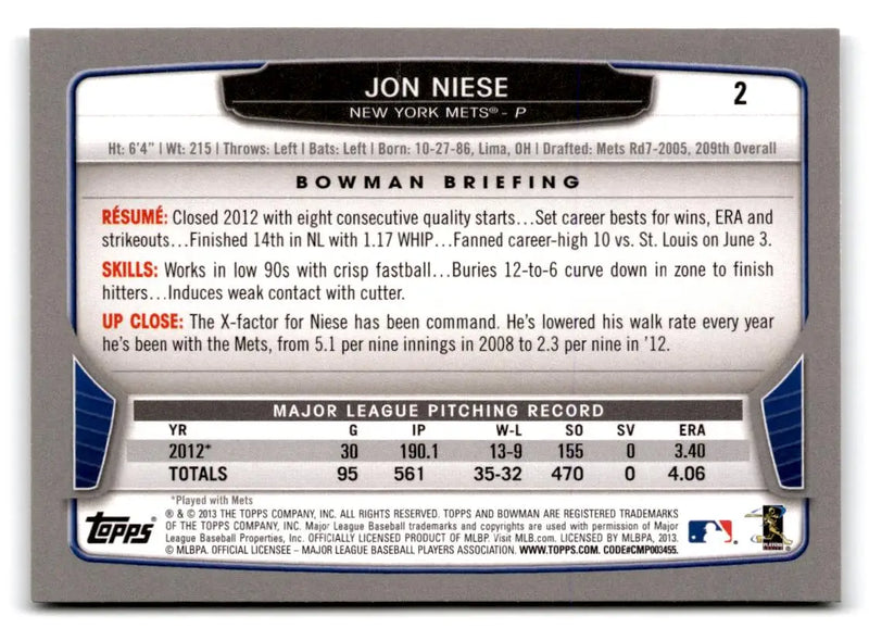 2013 Bowman #2 Jon Niese - Baseball Card Single