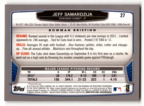 Back of a Jeff Samardzija 2013 Bowman card with original gloss NM-MT Cubs ID 62827