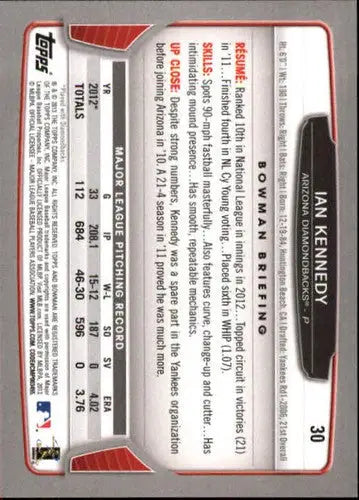Baseball card back of 2013 Bowman Ian Kennedy NM-MT with original gloss