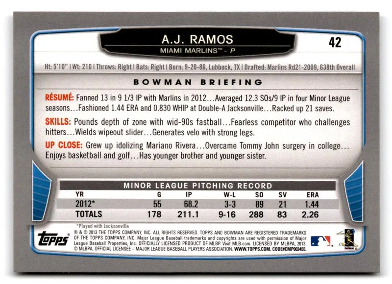 2013 Bowman #42 A.J. Ramos - Baseball Card Single