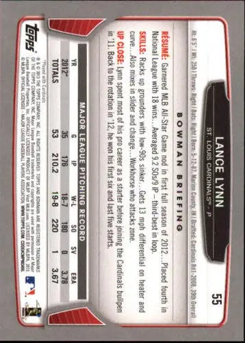 2013 Bowman Lance Lynn NM-MT baseball card with pitching stats and original gloss