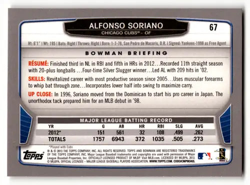 2013 Bowman #67 Alfonso Soriano NM-MT Cubs ID:62826 - Baseball Card Single