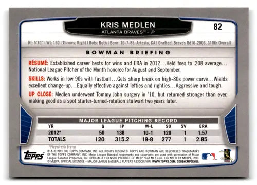 2013 Bowman Kris Medlen baseball card with original gloss, NM-MT Kris Medlen Braves ID 72546