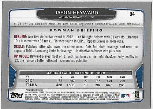Original gloss Jason Heyward baseball card 2013 Bowman NM-MT Braves image
