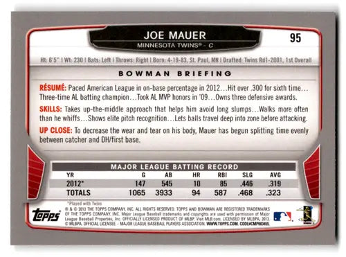 Baseball card of Joe Mauer from Bowman Joe Mauer series featuring career highlights