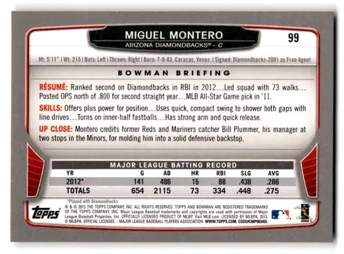 Back of a Miguel Montero baseball card from 2013 Bowman #99 NM-MT Diamondbacks