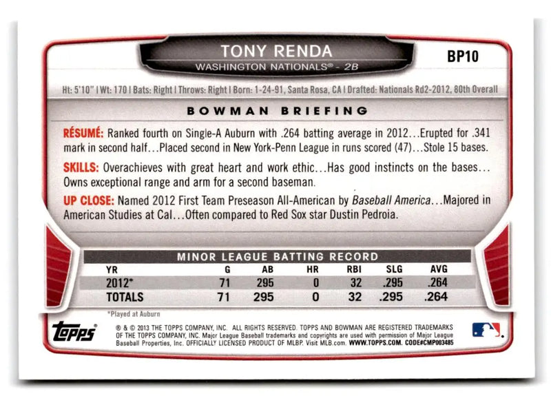 2013 Bowman #BP10 Tony Renda Prospects - Baseball Card Single