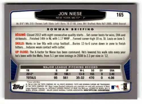 2013 Bowman Chrome #165 Jon Niese NM Near Mint Mets ID:64013 - Baseball Card Single