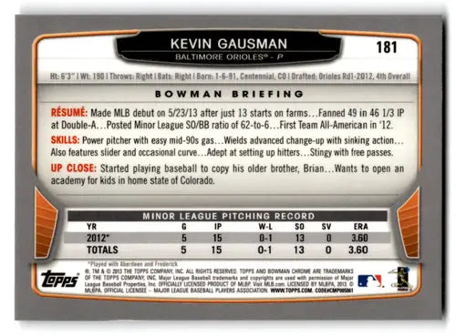 2013 Bowman Chrome #181 Kevin Gausman NM Near Mint RC Rookie Orioles ID:71977 - Baseball Card Single