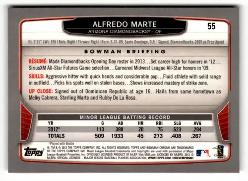 Original gloss Bowman Chrome Alfredo Marte baseball card 2013 Rookie Diamondbacks