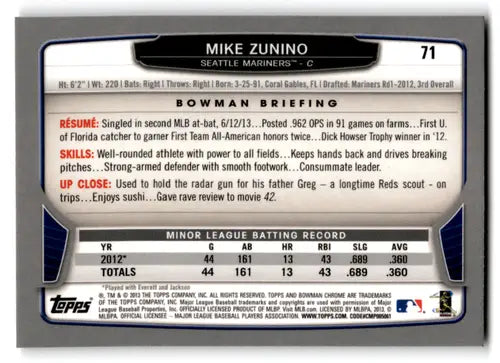 Baseball card back with original gloss from Bowman Chrome featuring Mike Zunino rookie