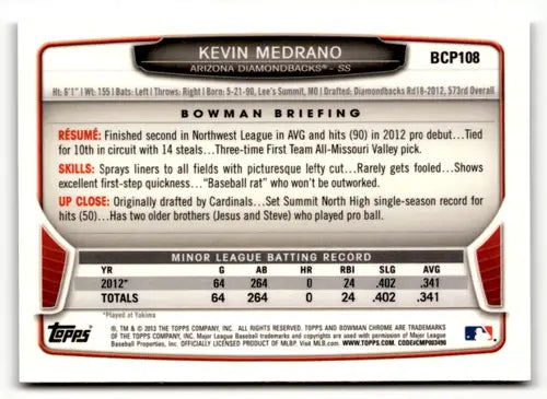 Original gloss 2013 Bowman Chrome Prospects bcp108 Kevin Medrano baseball card