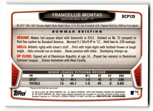 Original gloss of Francellis Montas baseball card from Bowman Chrome Prospects 2013