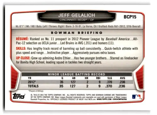 Original gloss 2013 Bowman Chrome Prospects BCP15 Jeff Gelalich baseball card