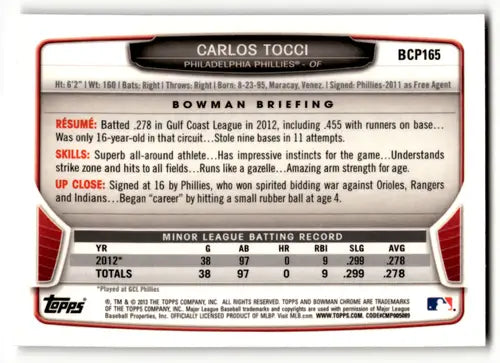 Back of 2013 Bowman Chrome Prospects BCP165 Carlos Tocci baseball trading card