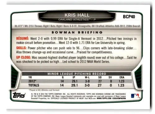 2013 Bowman Chrome Prospects #BCP40 Kris Hall NM Near Mint Athletics ID:72075 - Baseball Card Single