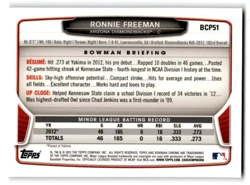 2013 Bowman Chrome Prospects BCP51 Ronnie Freeman baseball card with original gloss Diamondbacks