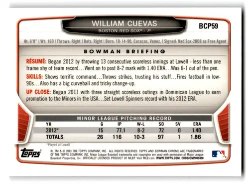 William Cuevas Bowman Chrome baseball card with original gloss from 2013 Bowman Chrome Prospects