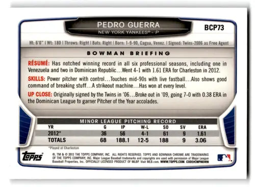 Original gloss of Pedro Guerra baseball card from Bowman Chrome Prospects BCP73 NM-MT Yankees
