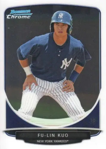 Original gloss Bowman Chrome Prospects baseball trading card of Fu-Lin Kuo in Yankees uniform
