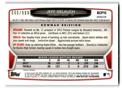 2013 Bowman Chrome Prospects Refractors BCP15 Jeff Gelalich baseball card NM near mint