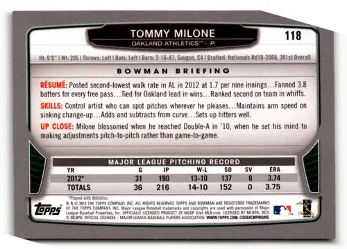 Original gloss Bowman Gold Tommy Milone baseball card in near mint condition
