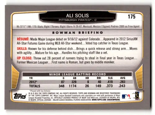 2013 Bowman Gold Ali Solis baseball card back with original gloss Pirates ID 62128