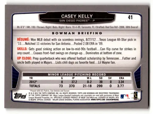 2013 Bowman Gold Casey Kelly baseball trading card with original gloss and player stats
