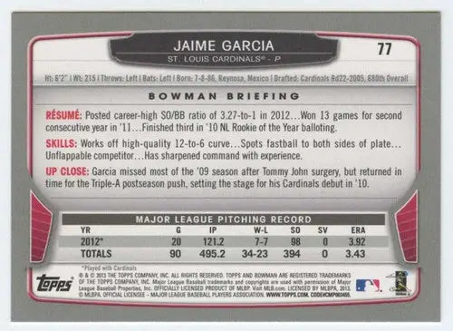 Baseball card back featuring Bowman Gold Jaime Garcia with original gloss for 2013 Bowman Gold #77