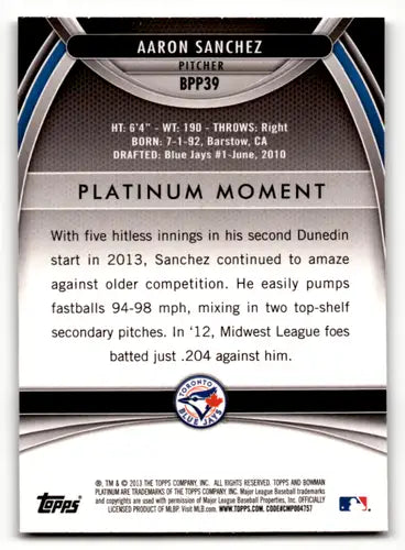 Back of a Bowman Platinum 2013 Bowman Platinum Prospects BPP39 Aaron Sanchez rookie card