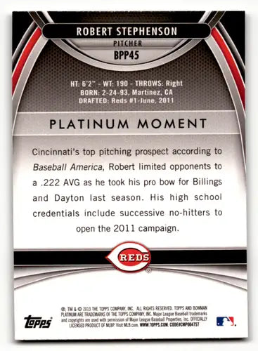 Back of a Robert Stephenson Bowman Platinum Prospects BPP45 rookie card with original gloss