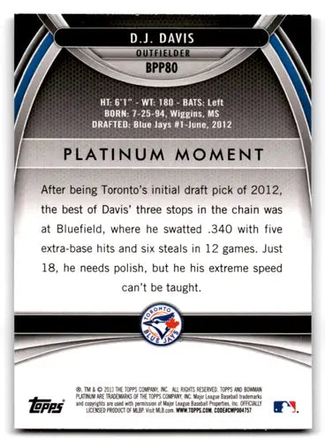 Baseball card back from 2013 Bowman Platinum Prospects D.J. Davis with original gloss