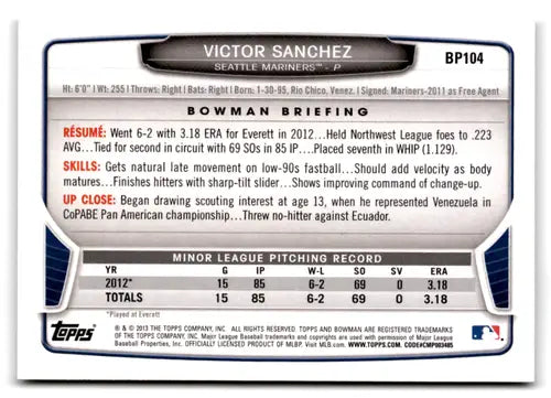 2013 Bowman Prospects BP104 Victor Sanchez baseball card Mariners ID 73073