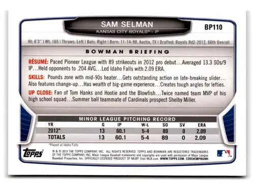 Original gloss Bowman Prospects BP110 Sam Selman baseball card displayed in 2013 Bowman Prospects series