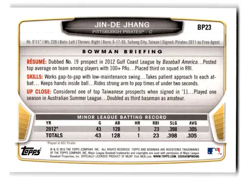 2013 Bowman Prospects #BP23 Jin-De Jhang NM-MT Pirates ID:72197 - Baseball Card Single