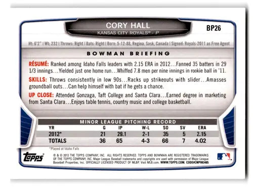 2013 Bowman Prospects #BP26 Cory Hall NM-MT Royals ID:72074 - Baseball Card Single