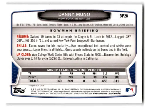Baseball card of Danny Muno with career stats from Bowman Prospects BP28 Danny Muno NM-MT