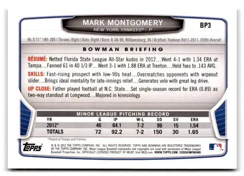 Baseball trading card featuring Mark Montgomery from Bowman Prospects BP3 Mark Montgomery NM-MT Yankees