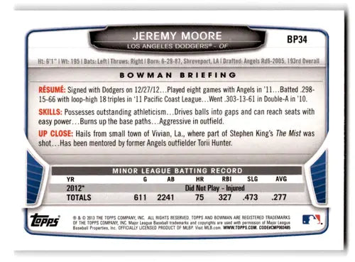 Back of a Jeremy Moore Bowman Prospects BP34 baseball trading card with original gloss