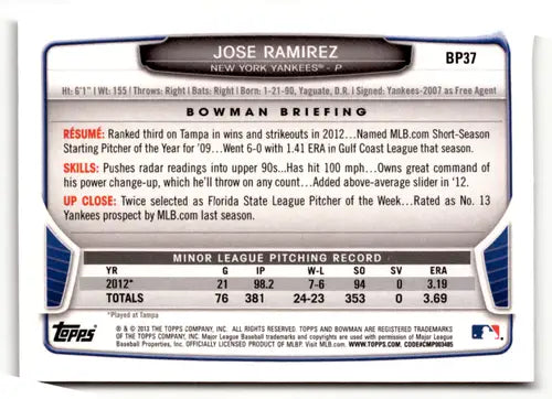 2013 Bowman Prospects #BP37 Jose Ramirez NM-MT Yankees ID:72902 - Baseball Card Single