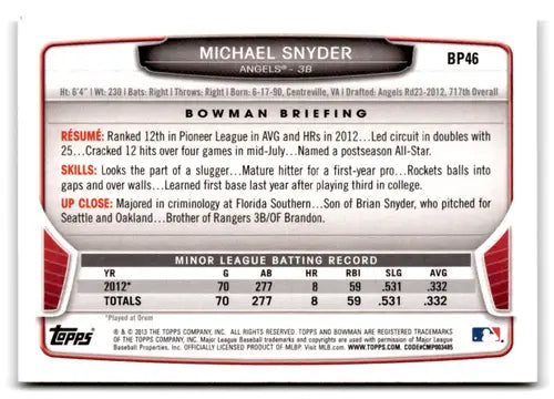 Original gloss Bowman prospects BP46 Michael Snyder baseball card from 2013 Bowman Prospects
