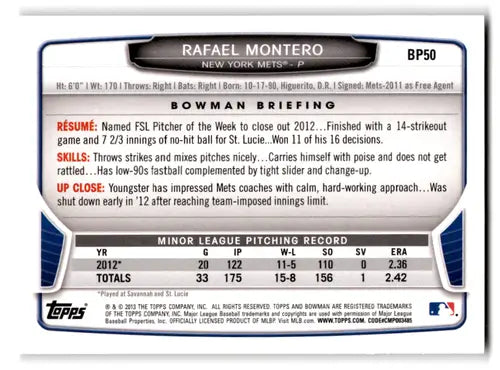 2013 Bowman Prospects #BP50 Rafael Montero NM-MT Mets ID:72478 - Baseball Card Single