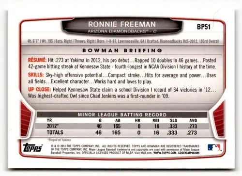 2013 Bowman Prospects #BP51 Ronnie Freeman NM Near Mint Diamondbacks ID:52035 - Baseball Card Single