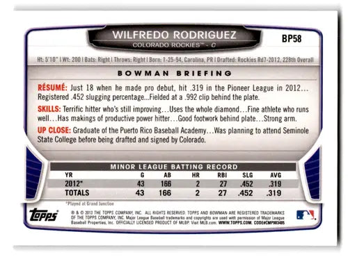 Baseball card back of BP58 Wilfredo Rodriguez Bowman Prospects 2013 Rockies NM-MT