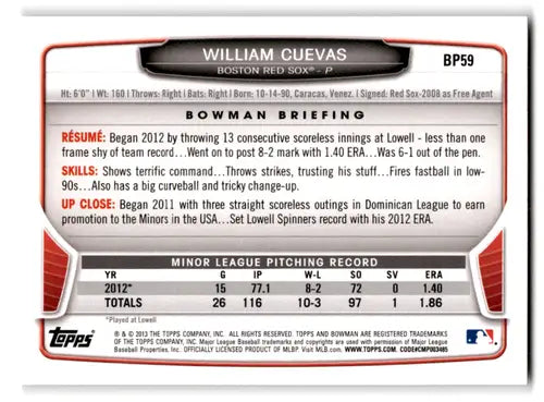 2013 Bowman Prospects #BP59 William Cuevas NM-MT Red Sox ID:71687 - Baseball Card Single