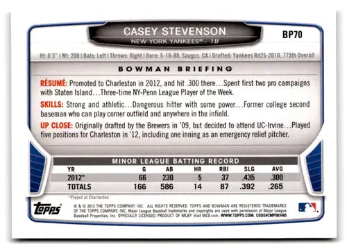 Original gloss Bowman Prospects Casey Stevenson baseball card from 2013 Yankees NM-MT