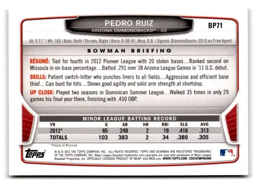 Back of 2013 Bowman Prospects BP71 Pedro Ruiz baseball card with Diamondbacks ID 72886