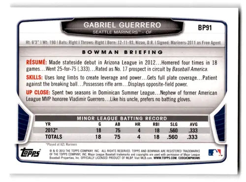 Original gloss of 2013 Bowman Prospects BP91 Gabriel Guerrero Mariners baseball card