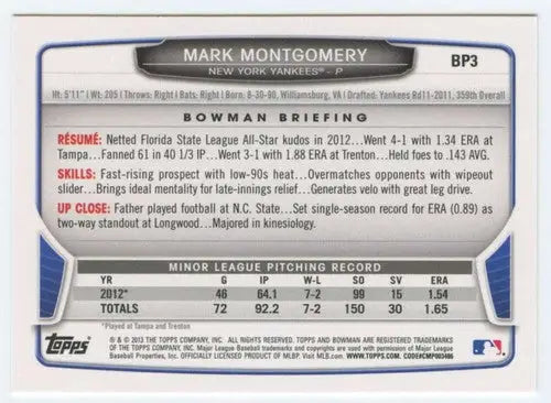 2013 Bowman Prospects Hometown #BP3 Mark Montgomery NM-MT Yankees ID:72543 - Baseball Card Single