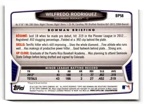 Wilfredo Rodriguez baseball card from Bowman Prospects Purple BP58 original gloss near mint